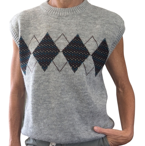Vintage Kennington Argyle Sweater Vest XL Made in Italy 80s Knit - Picture 4 of 9
